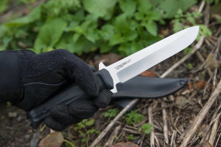Нож Kizlyar Supreme TRIDENT 420HC SW BKH LS (StoneWash, Black Kraton Handle, Leather Sheath)