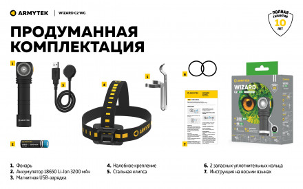 Фонарь Armytek Wizard C2 WG Magnet USB Белый